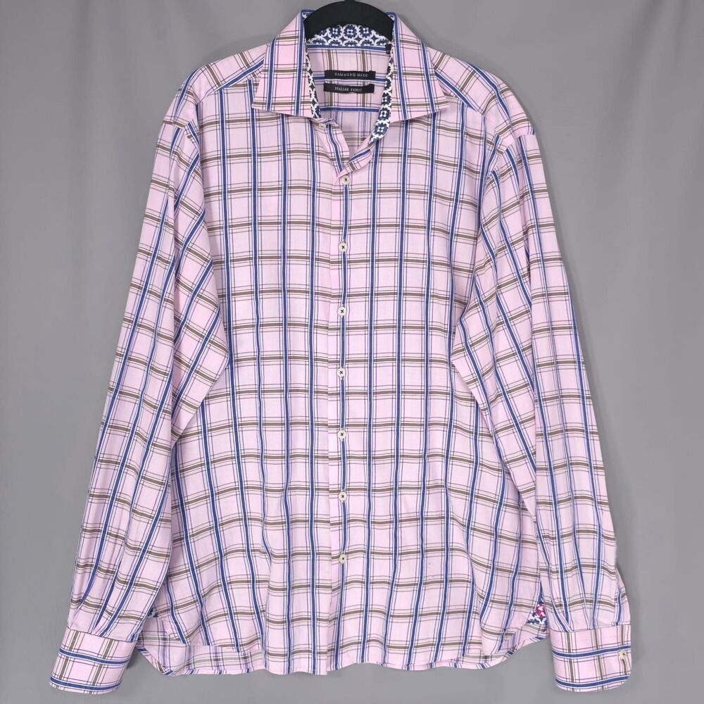 HAMMER MADE Men's Plaid‎ Shirt 42 ITALIAN FABRIC Pink Blue Button Up Cotton 16.5